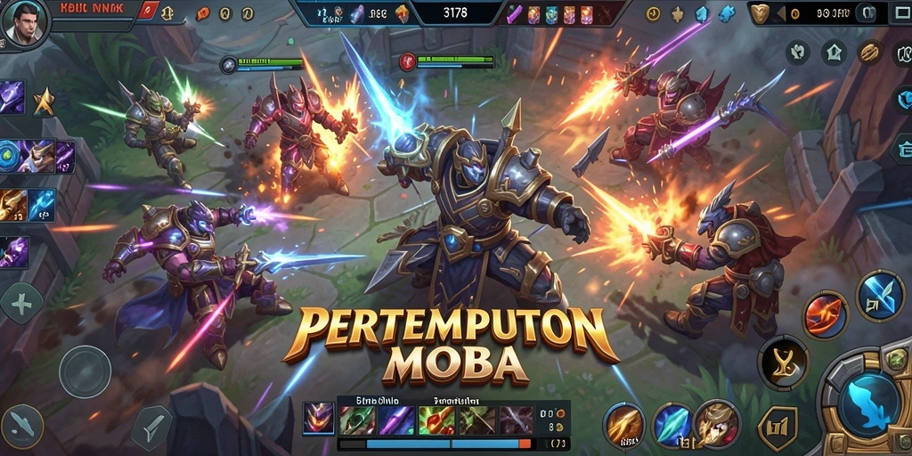 Tangkapan layar gameplay seru dalam pertempuran MOBA.