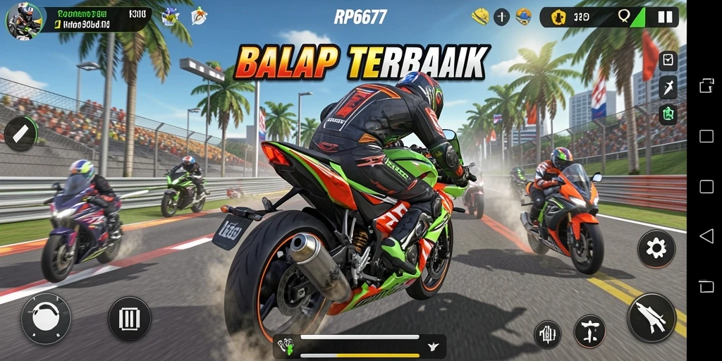 Screenshot utama RP6677 menampilkan aksi balapan motor yang cepat dan mendebarkan.